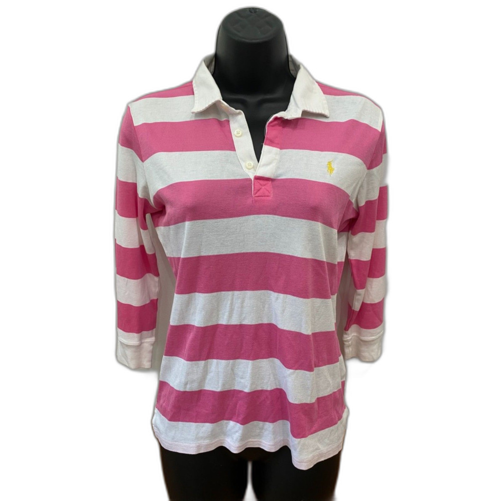 Ralph Lauren Golf Womens Long Sleeve Polo Shirt Stripe Pink Small Preppy Resort